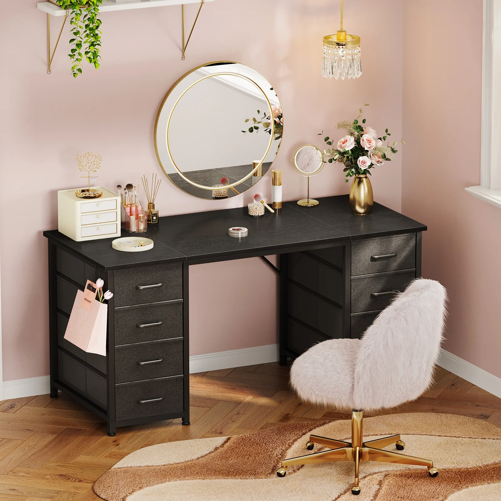 White Computer Desk with Drawers for Storage - 48 inch Home Office Desk with 8 Fabric Drawers, Writing Study Desk with Drawers on Both Sides for Bedroom
