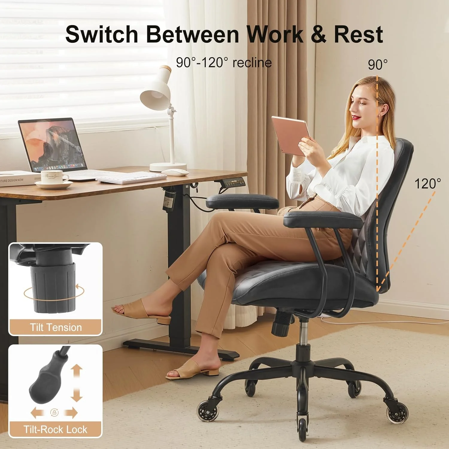 QW Home Office Desk Chair Office Rubber Casters Ergonomic Computer Chair with Lumbar Support Adjustable Height Rolling Swivel Executive Task Armrests Chair??? Brown Leather