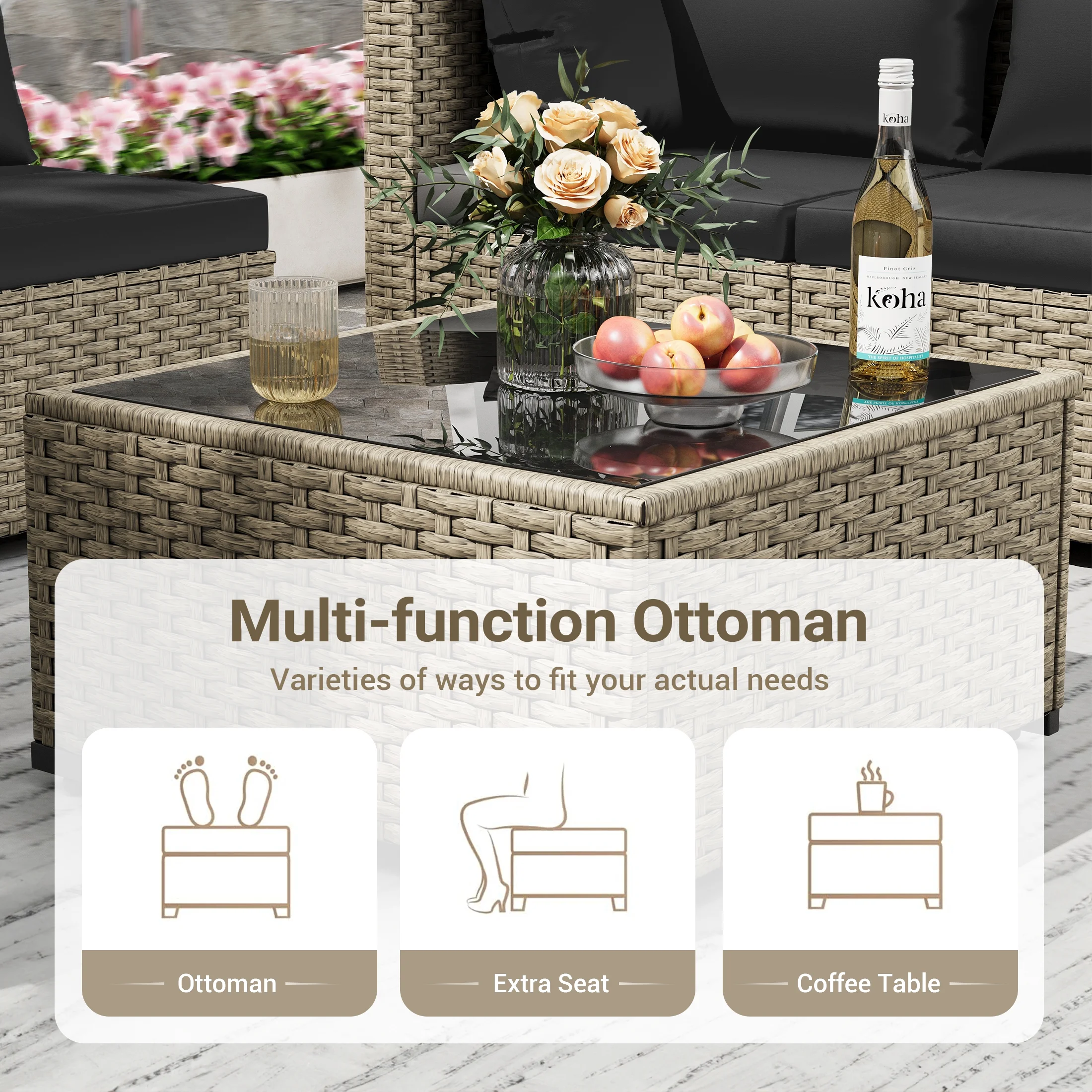 POTEBAN 7 Pieces Outdoor Patio Furniture Set, Grey Rattan Wicker Outdoor Conversation Sectional Sofa Set with Cushions for Backyard, Green