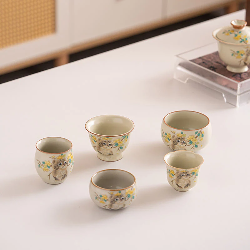 Buddha Stones Cute Cat Yellow Flowers Rabbit Teacup Kung Fu Tea Cup