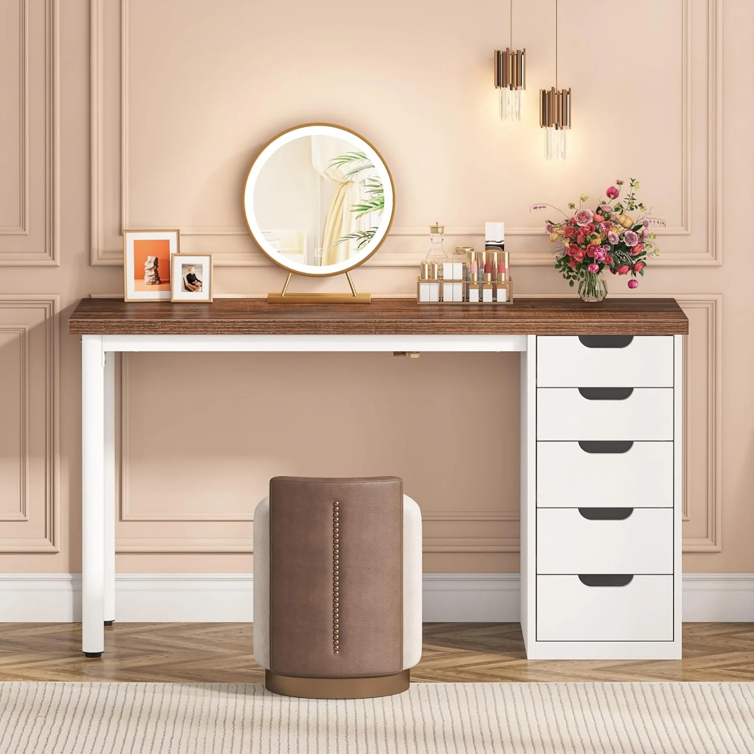 Tribesigns 47 inches Vanity Desk with 5 Drawers, Rustic Makeup Dressing Table with Storage, Modern Simple Computer Desk for Women, Girls (Brown)