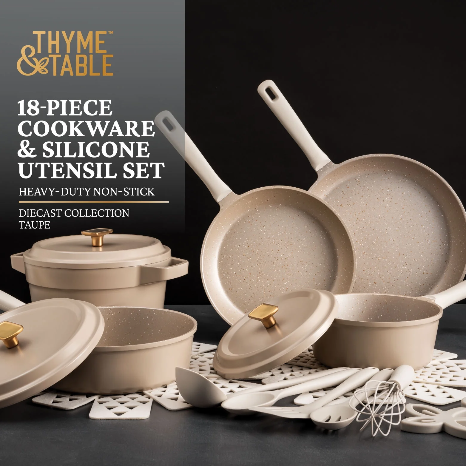 Thyme & Table 18-Piece Non-stick Diecast Cookware & Silicone Utensil Set, Pots and Pans Set - Atlantic Blue