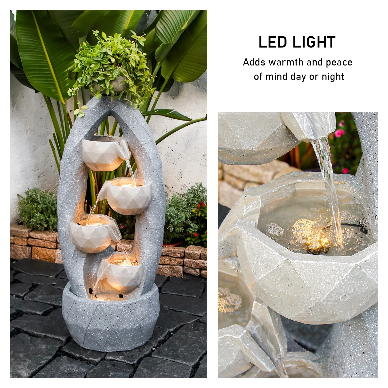 4-Tiered Water Fountain Outdoor Modern Circle Design Indoor Waterfall Garden Fountains Bowl Planter Water Feature with LED Light for Patio Yard Porch and Home Art Decor 45.87''H
