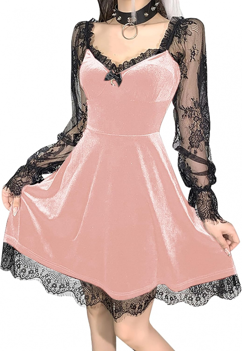 Women Gothic Velvet Dress - Flared Lace Long Sleeve Midi Dresses