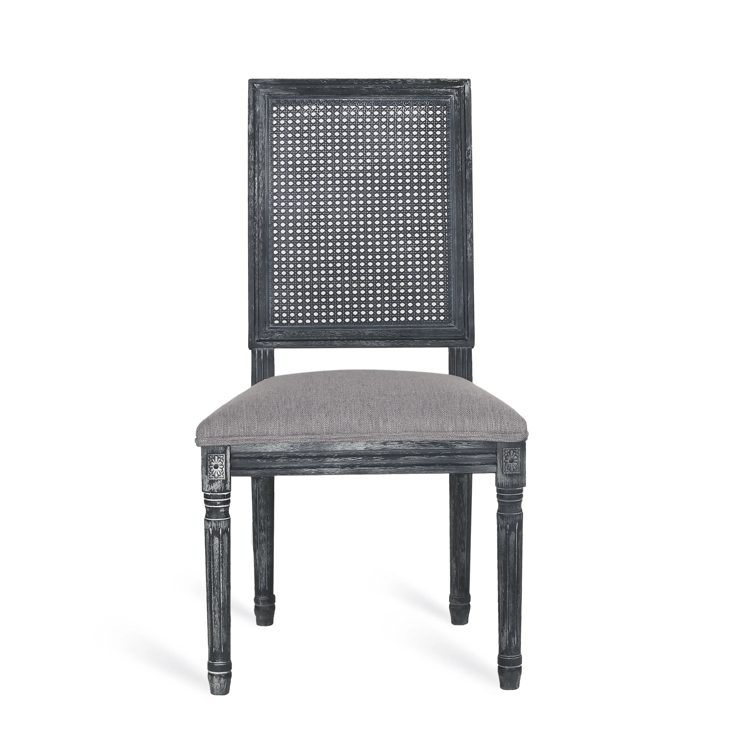 Noble House Fescue Fabric Upholstered Wood and Cane Expandable 7 Piece Dining Set, Gray and Black