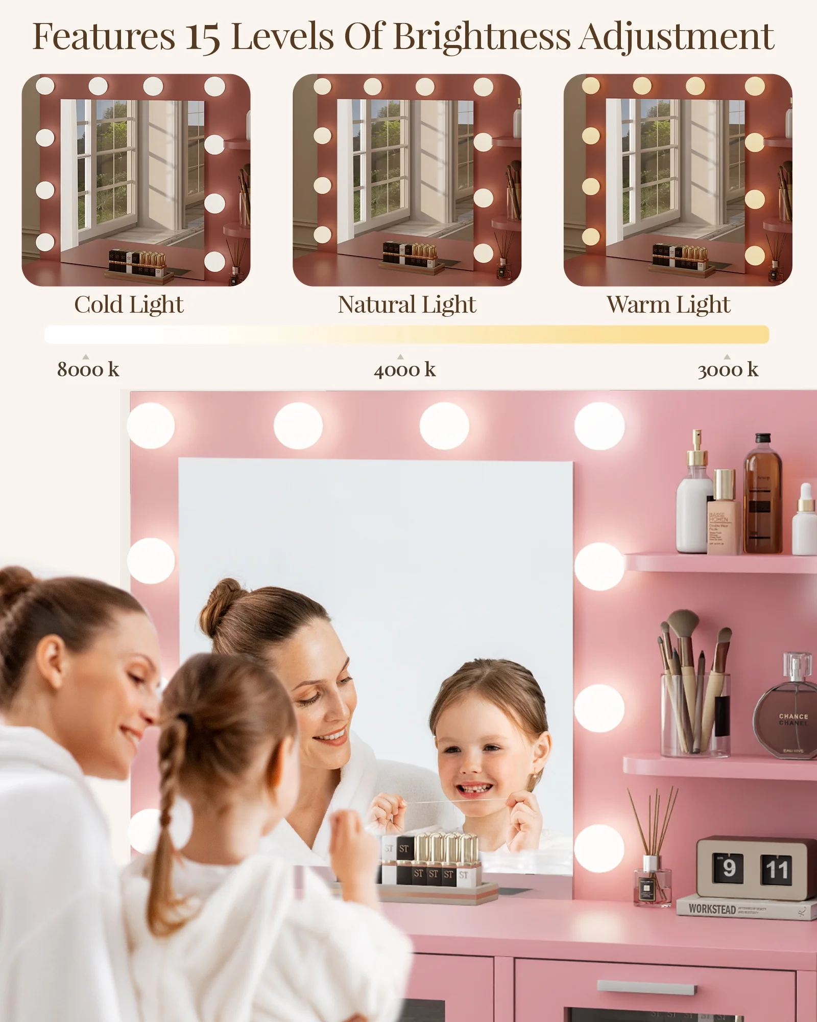 LIVELYGLOW Vanity Desk with Mirror and Lights, Makeup Vanity with Drawer & Storage Shelves, Cabinet, 3 Lighting Modes Adjustable Brightness,White