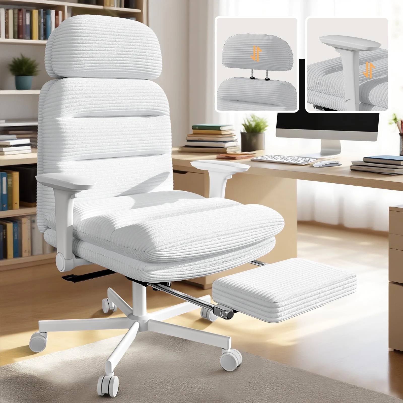 Solfway Criss Cross Chair with Wheels & Flip-up Arms, Executive Office Chair with Foot Rest, Swivel Cross Legged Office Chair, White Corduroy Fabric Comfy Computer Desk Chair, Vanity Chair for Home