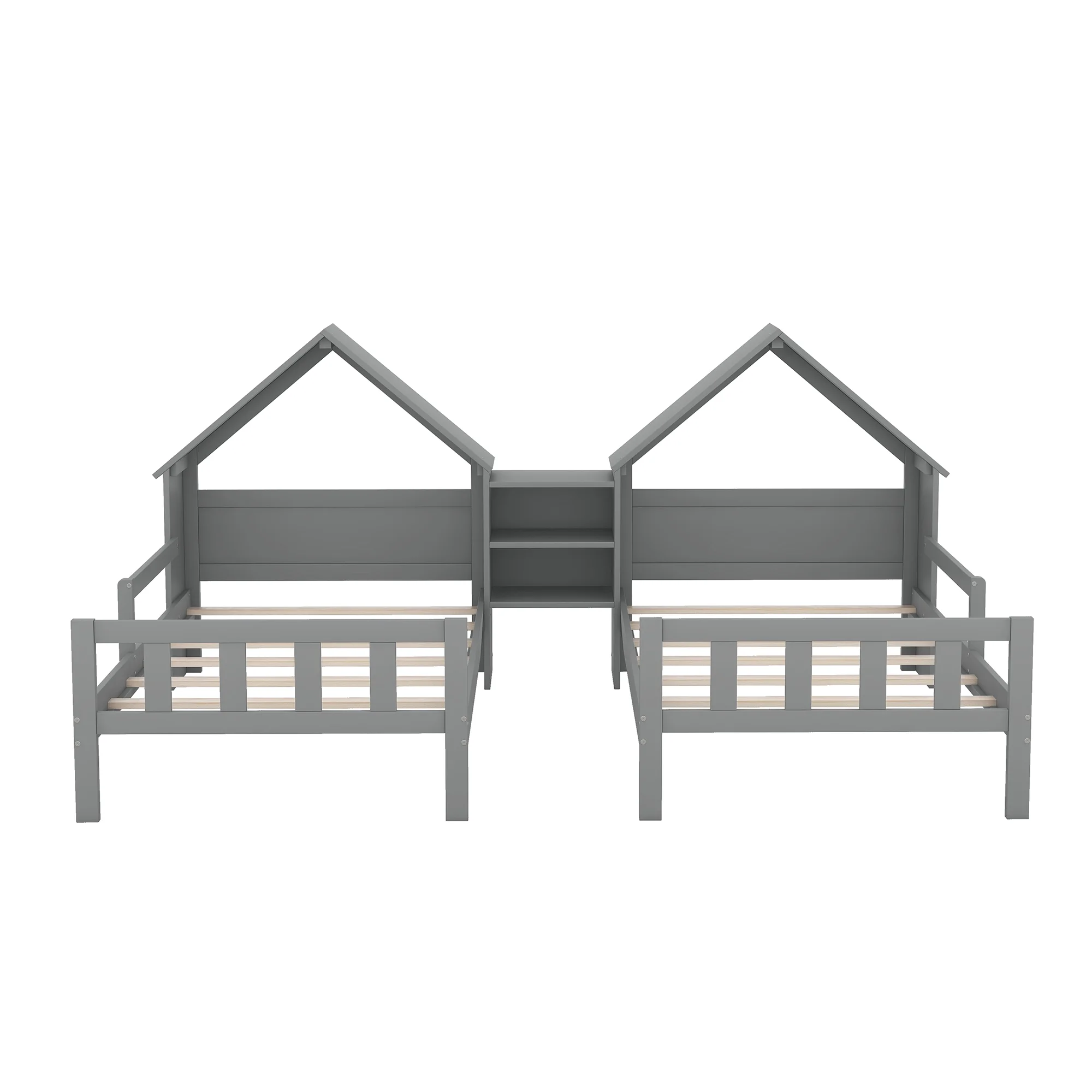 Euroco Twin Size Wood House Platform Bed, Two Beds in One with Desk and Shelf, 2 Platform Beds for More Kids Teens, Gray