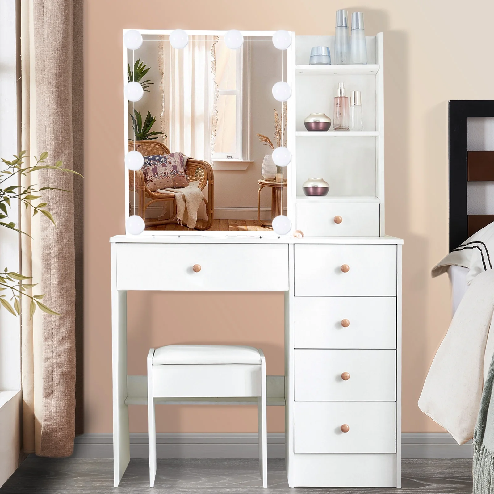 Yamissi Modern Makeup Vanity for Bedroom, Vanity Desk with LED Lighted Sliding Mirror and Stool, Makeup Table with Storage Shelves and Drawers, White