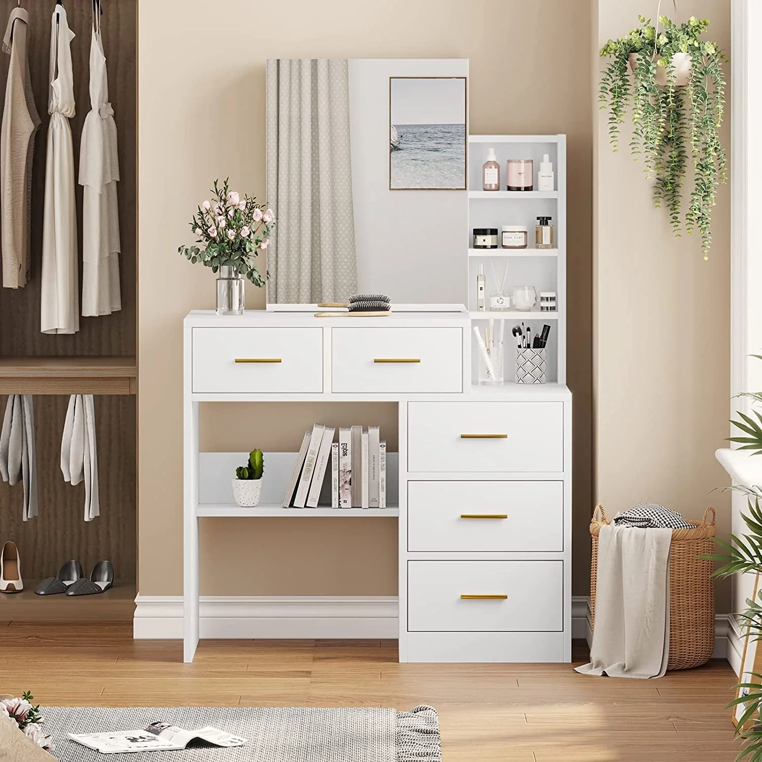 Makeup Vanity Table with Nightstand&Sliding Mirror, Modern Vanity Desk Dressing Table with 3-Drawer for Women Girls,White