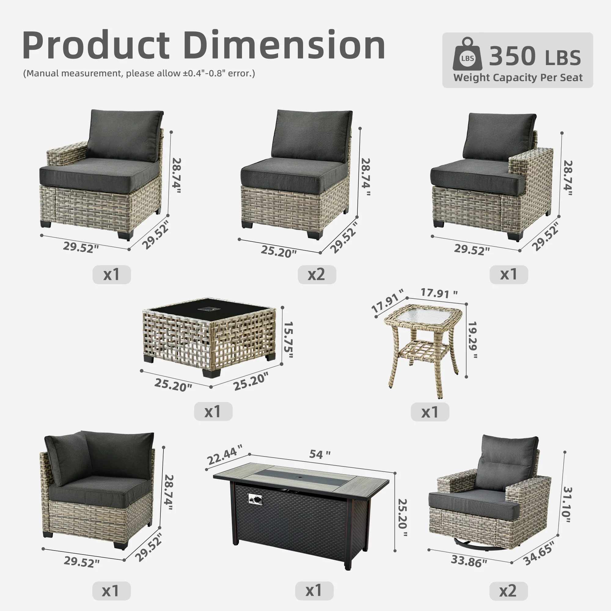 Ovios 10 Pieces Outdoor Patio Furniture Modern High-Back All-Weather Wicker Sectional Conversation Set with Propane Fire Pit Table & Swivel Chair, Dark Gray