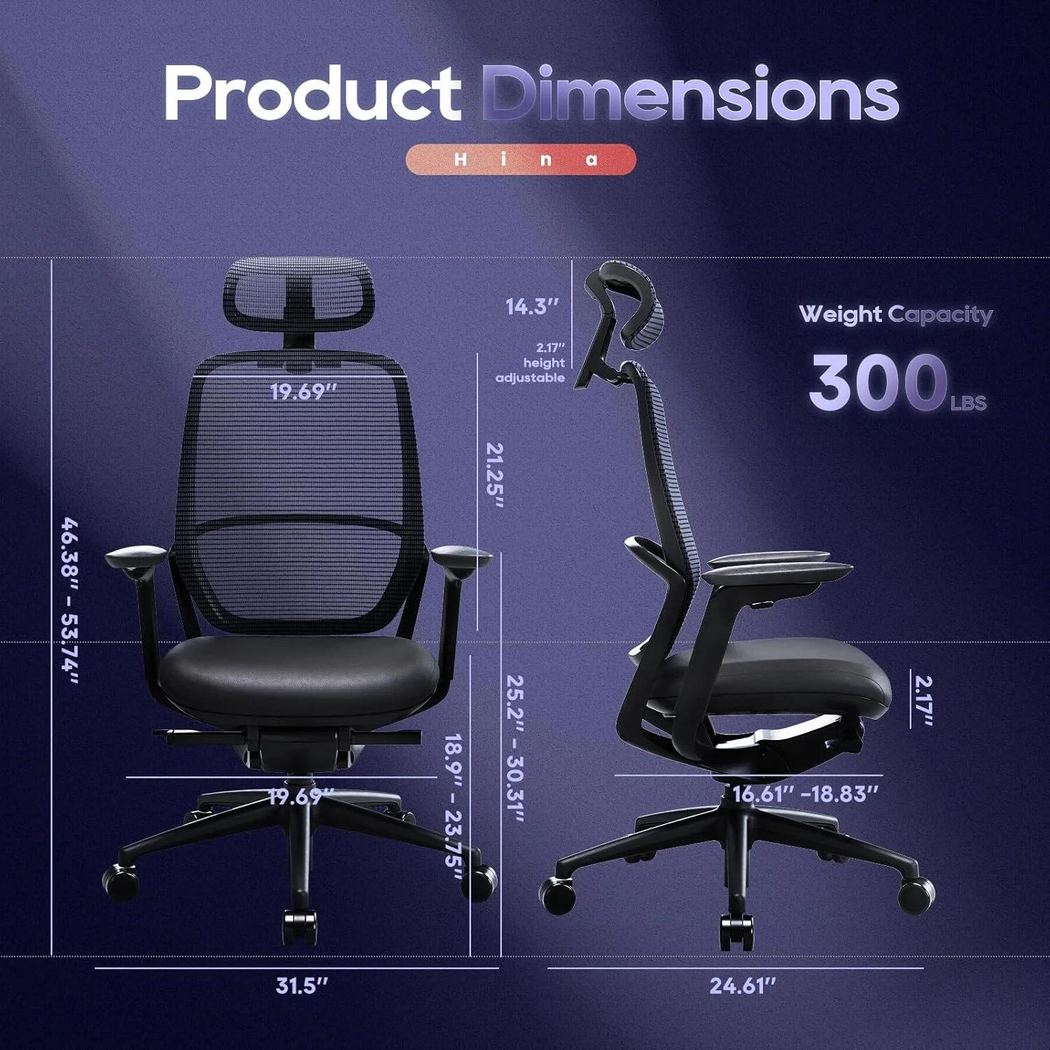 Ergonomic Office Chair, High Back Mesh Desk Chair with Adjustable Lumbar Support, Reclining Backrest, 4D Armrests, Breathable Mesh, Comfortable Computer Chair for Home Office, Work,Study