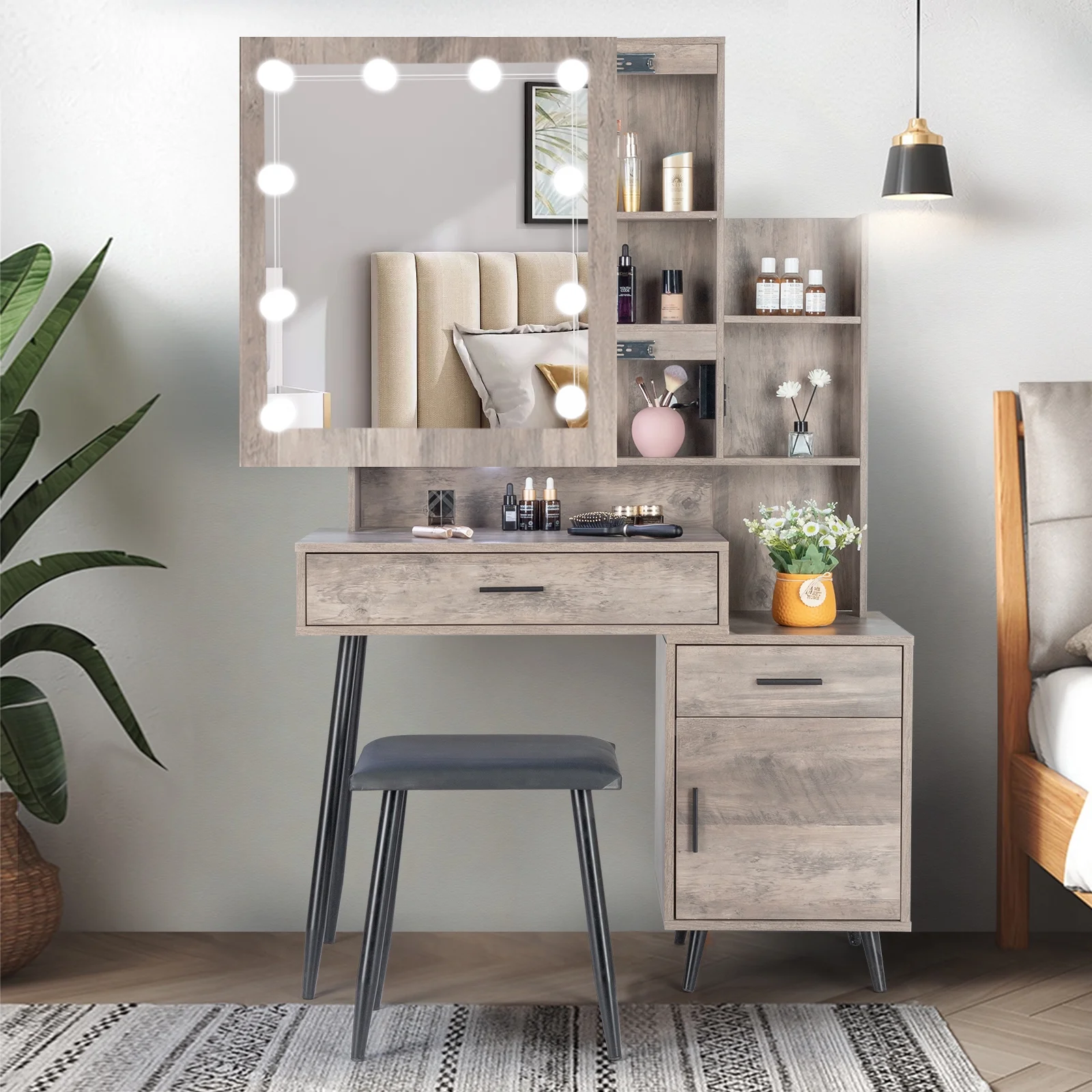 Kadyn Vanity Desk with Lighted Mirror, Vanity Table and Chair Set with 2 Drawers, Dressing Table Makeup Desk with 1 Door, Retro Gray