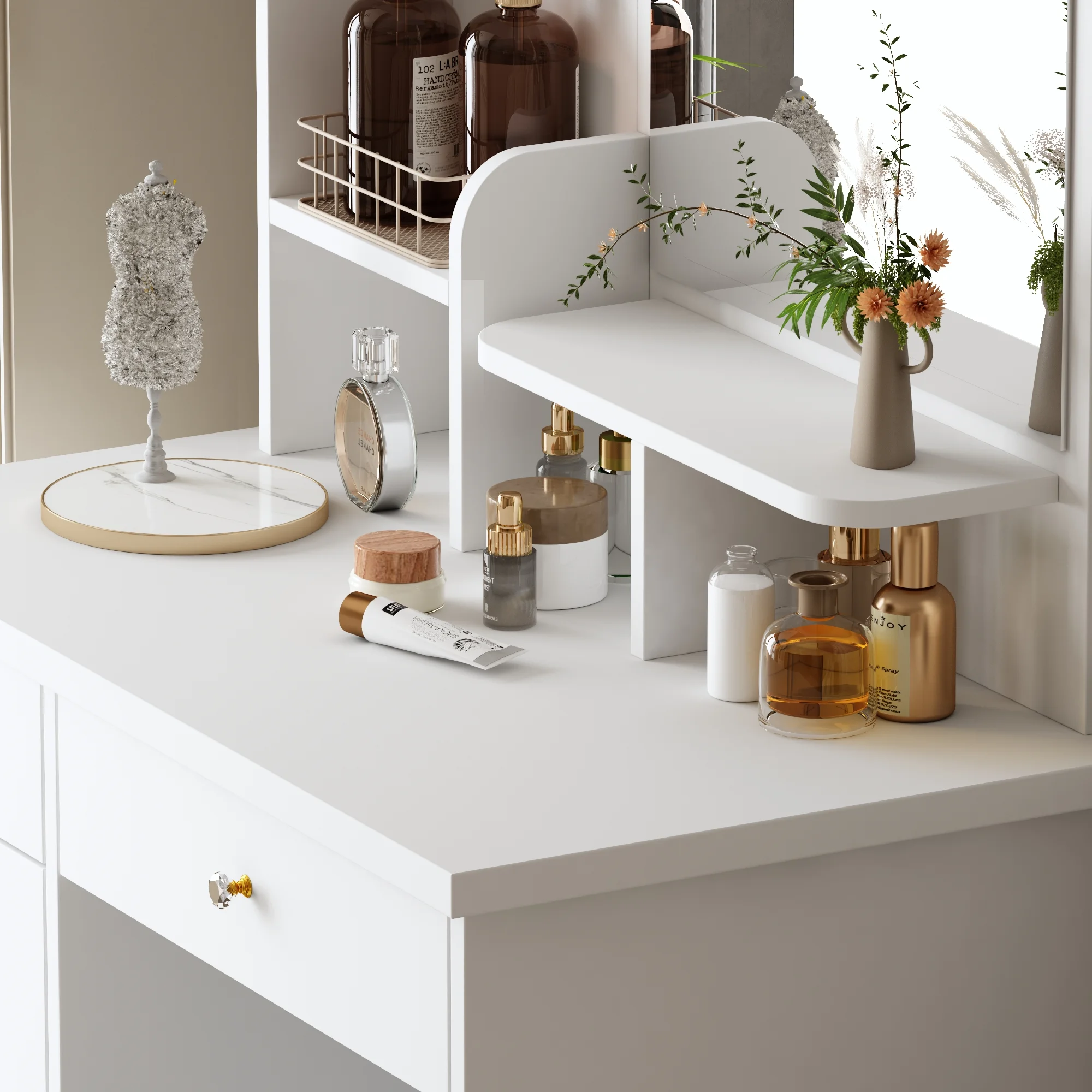 KULAGAGA Vanity Table Set with Light Mirror, Makeup Table with 3 Storage Shelves & 5 Drawers, Dressing Vanity Tables with , Dresser Desk for Girls, Women, White