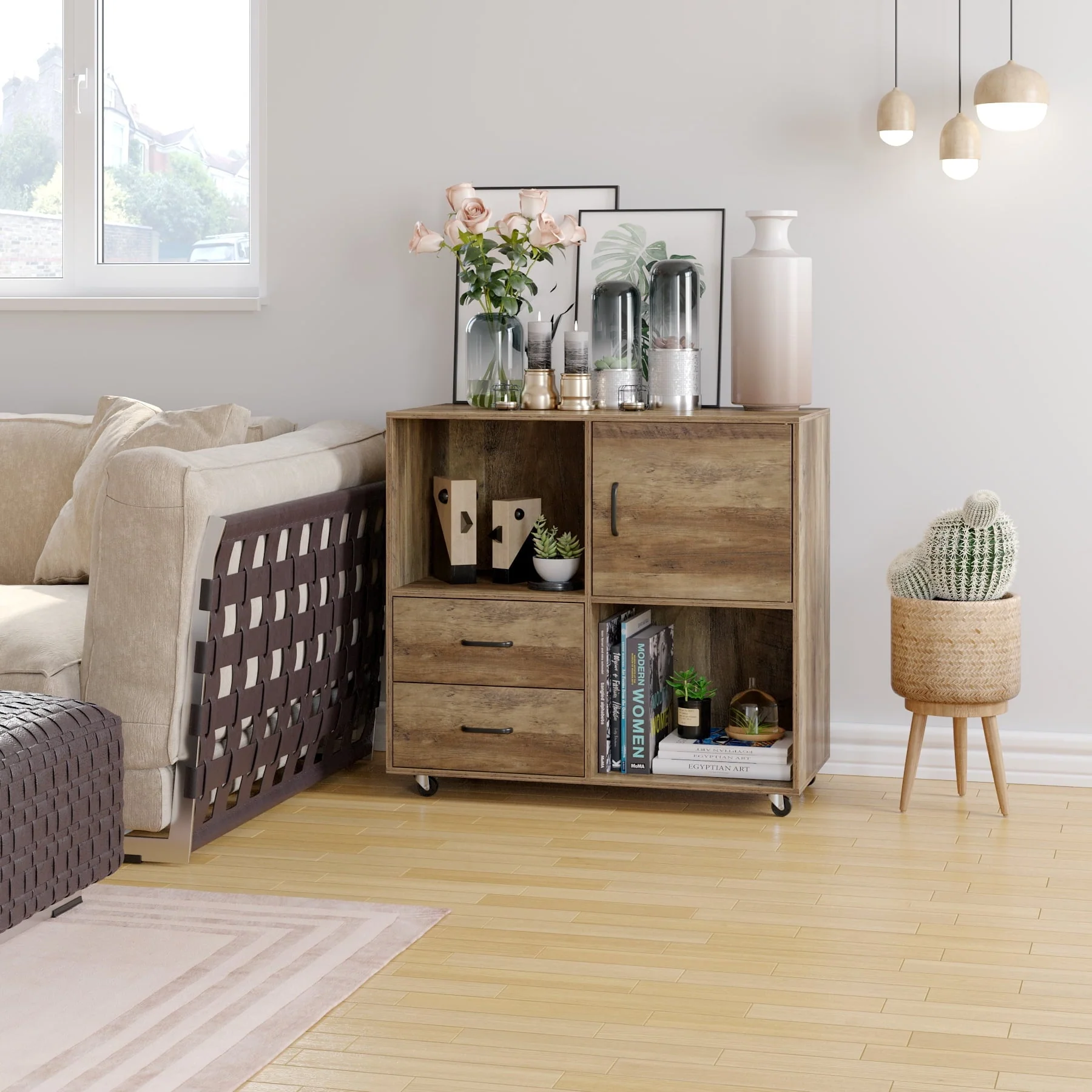 Homfa Lateral File Cabinet, Storage Printer Stand with 2 Drawers, Wood Mobile Filing Cabinet for A4 Paper Letters Home Office Furniture, Rustic Brown