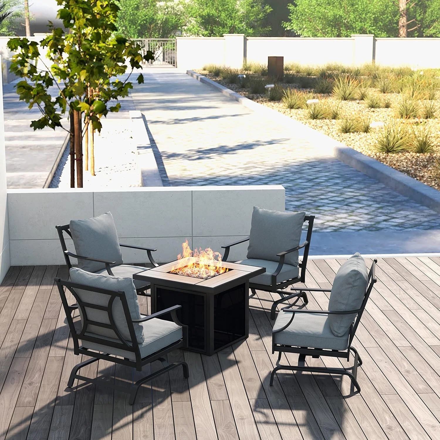 Grand Patio 5-Piece Patio Furniture Conversation Sets with Propane Fire Pit Table Cushioned Rocking Chairs Set of 4, Steel Frame, Gray
