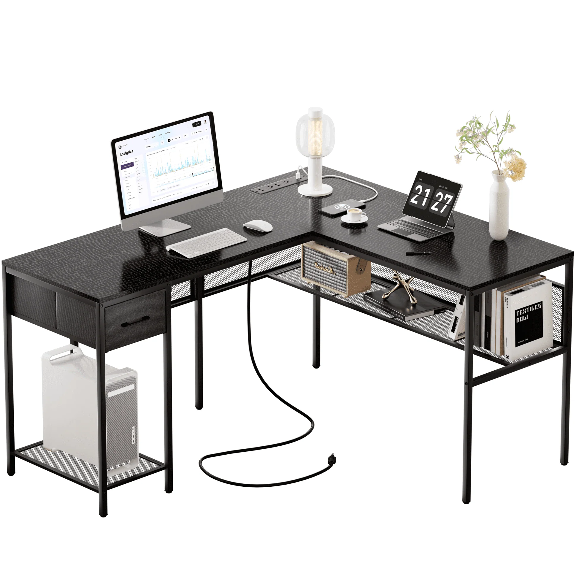 SUPERJARE L Shaped Desk with Power Outlets, Reversible Computer Desk with Storage Shelves & Drawer, Corner Laptops Home Office Desk, Workstation, Black
