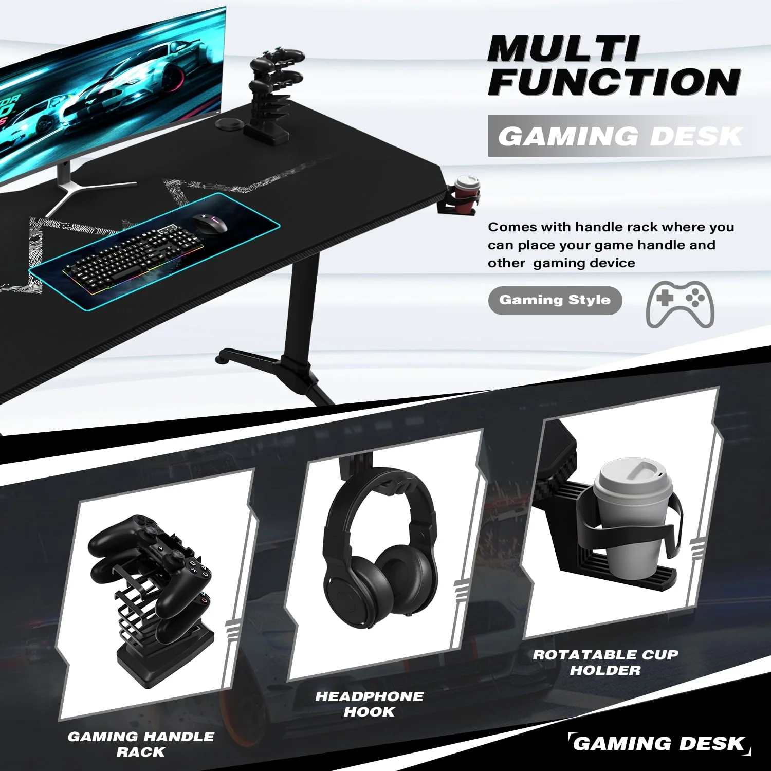 Homall 55 Inch Gaming Desk Y-Shaped PC Computer Gaming Office Desk with Mouse Pad Home Office Study Carbon Fiber Surface Gamer Workstation With Cup Holder and Headphone Hook, Black