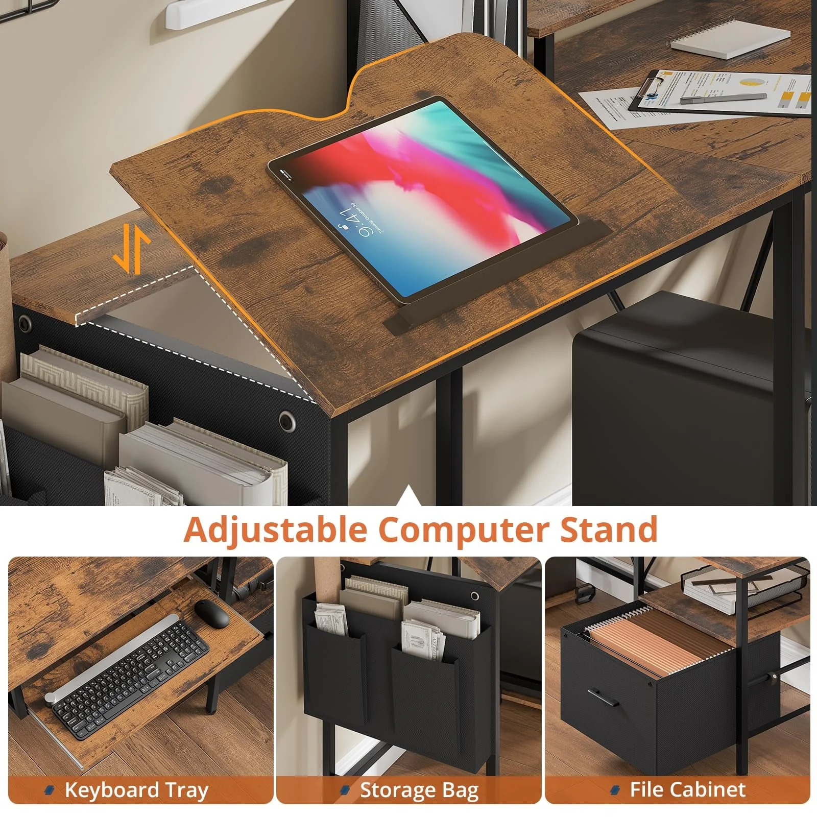 SEDETA L Shaped Gaming Desk, Led Reversible Corner Computer Desk with Power Outlet, Home Office Desk Drawer File Cabinet Keyboard Tray Storage Bag Monitor Stand CPU Stand，Brown