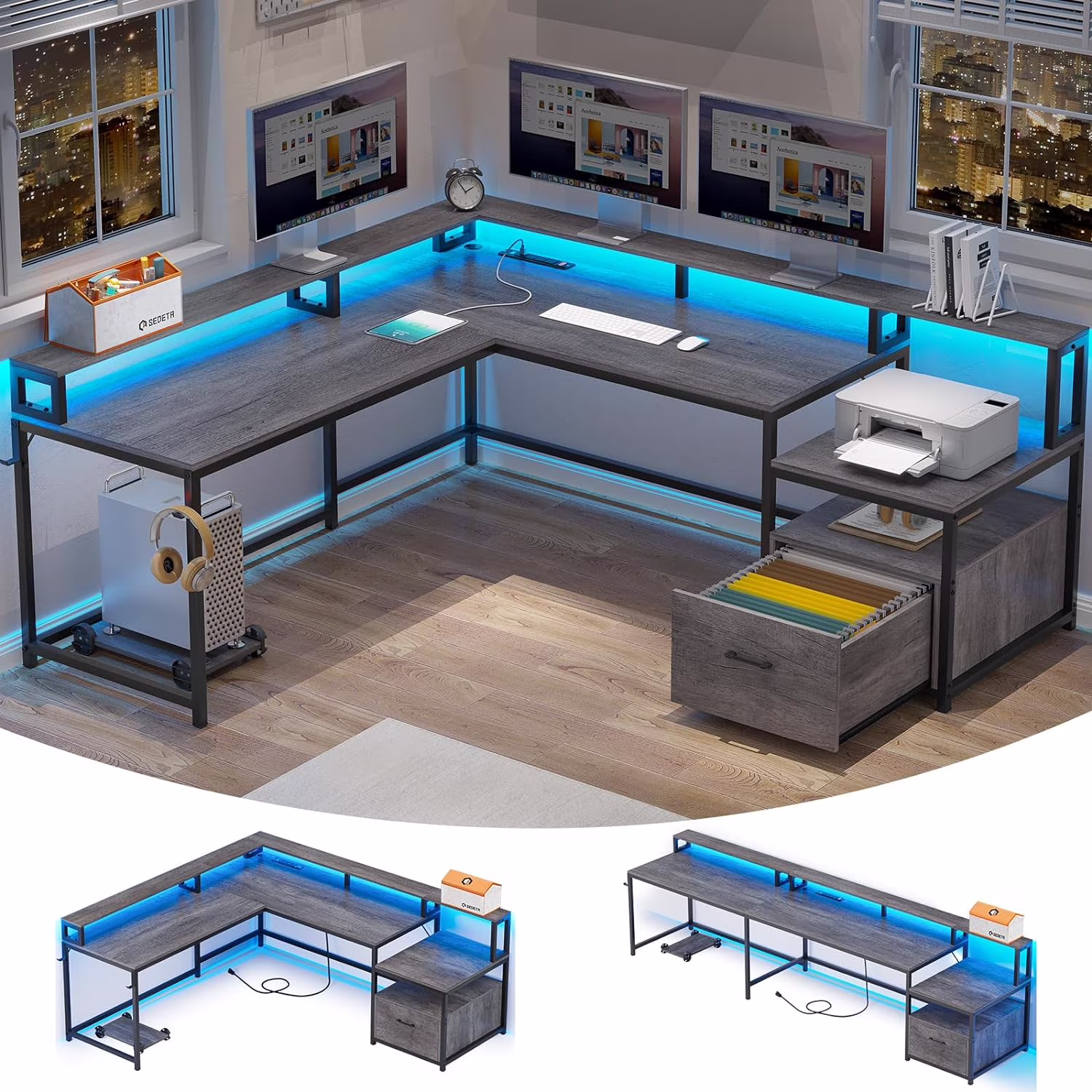 L Shaped Desk with Power Outlet and LED Lights, Corner Computer Desk with File Drawer for Home Office,  Gaming Desk,  Rustic Brown