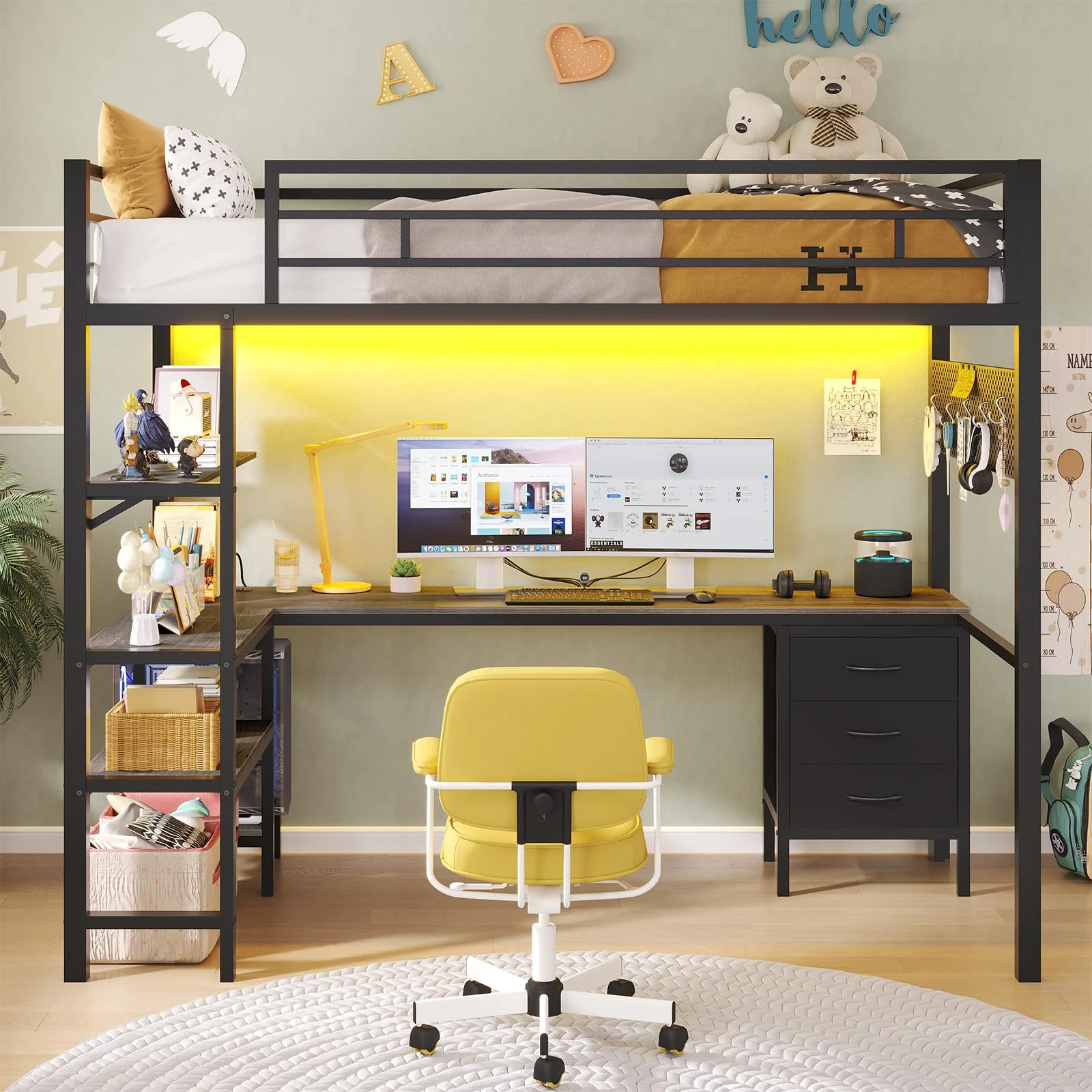 Afuhokles Loft Bed Twin Size with L-Shaped Desk and Charging Station, LED Light Twin Metal Loft Bed with Fabric Drawers and Shelves, Gray