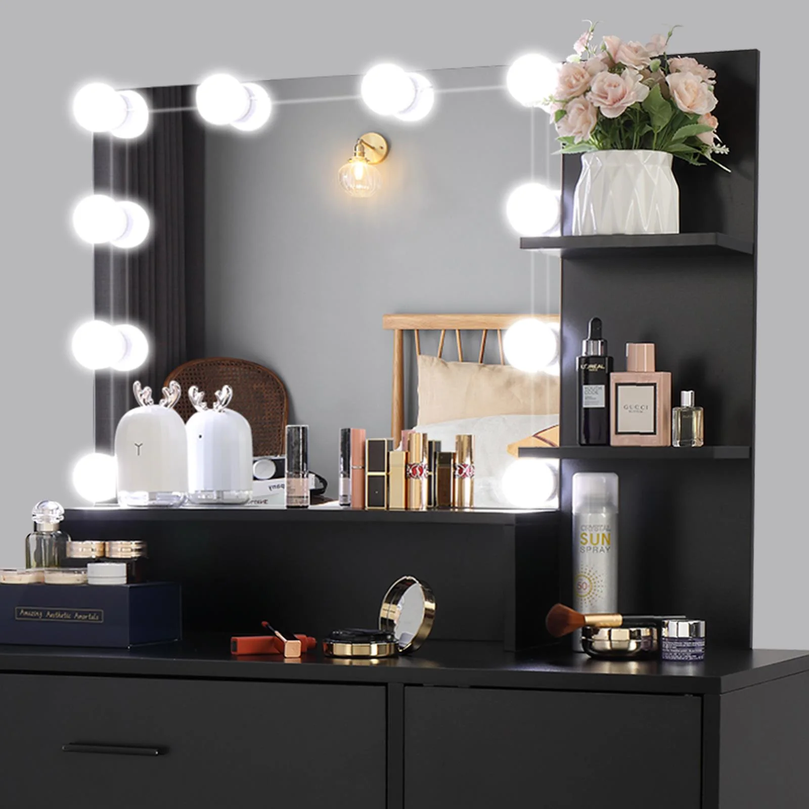 Ktaxon Vanity Set with 3 Color Lighted Mirror, Makeup Table with 3 Storage Shelves & Drawers, Dressing Table Makeup Desk with Stool,White