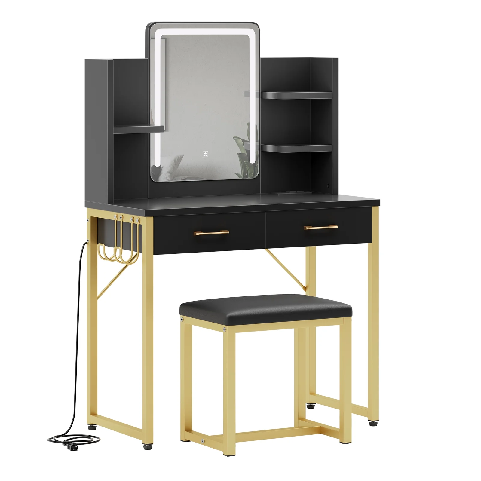 Bestier Makeup Vanity Set with Mirror and Lights, Vanity Desk with Drawers, Power Outlet & Cushioned Stool, Vanity Table for Bedroom,  Black