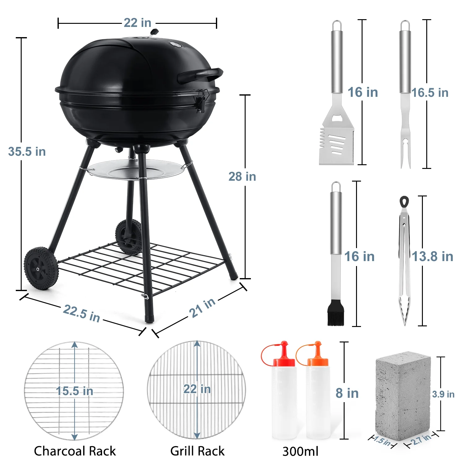 Walchoice 22 inch Charcoal Grill with Wheels & Temperature Gauge, 2 Layer Grilling Racks Heavy Duty Barbecue Grill for Backyard Camping BBQ Cooking, Black Enamel Lid & Bowl