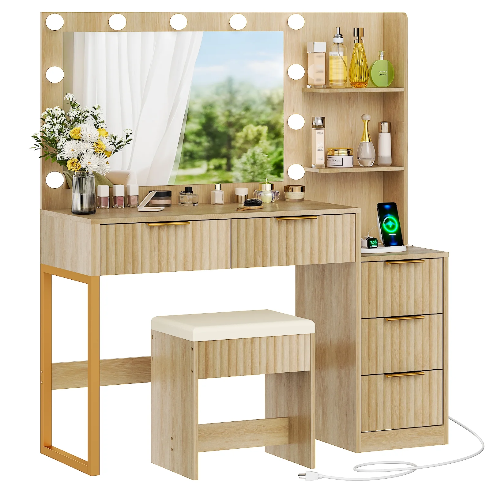 Ktaxon Flutted Makeup Vanity Table Set with 5 Drawer, Dressing Table w/Charging Station, Vanity Desk for Femal Gift, White