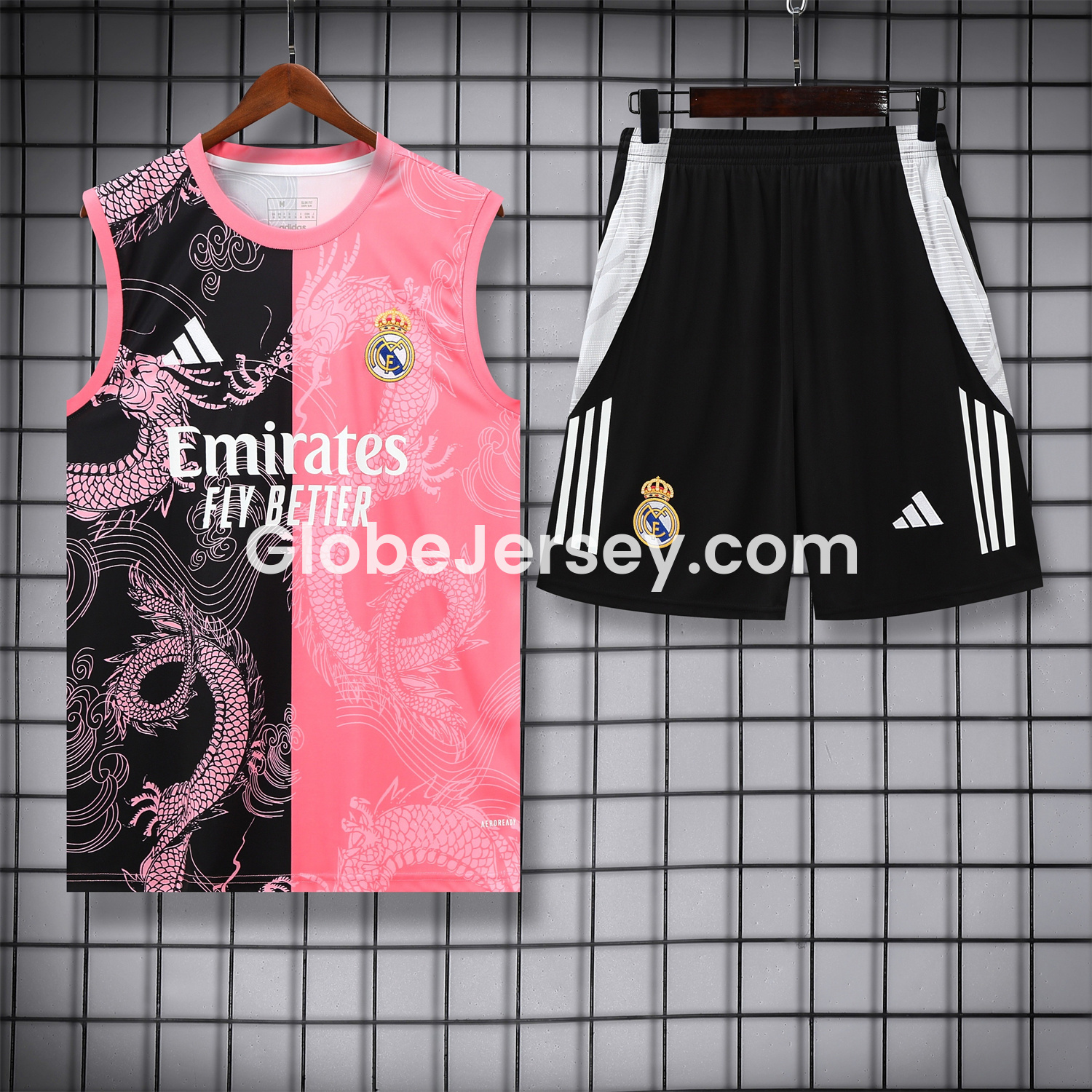 Real Madrid 25-26 Vest Training Set - Pink-Black Dragon Vest & Black-White Shorts