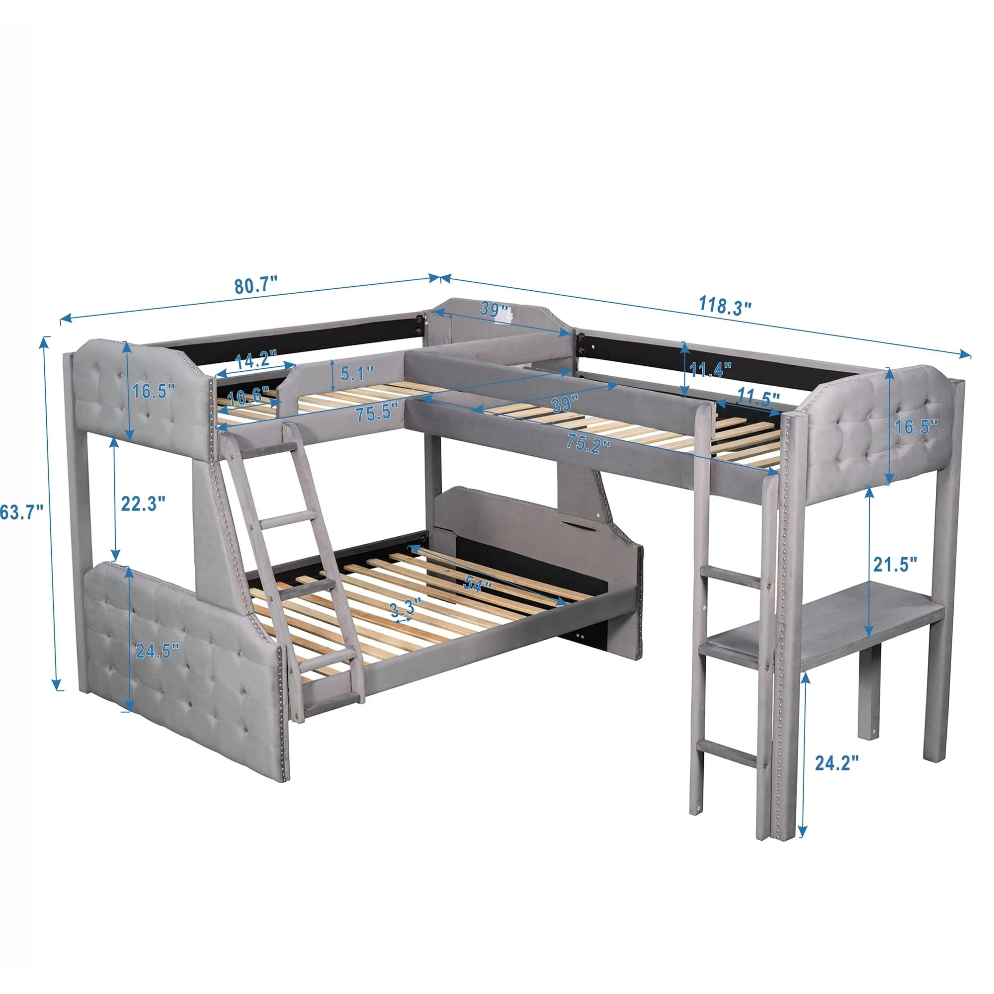 EUROCO Upholstery L-Shaped Twin over Full Bunk Bed and Twin Loft Bed with Desk for Kids Bedroom, Gray
