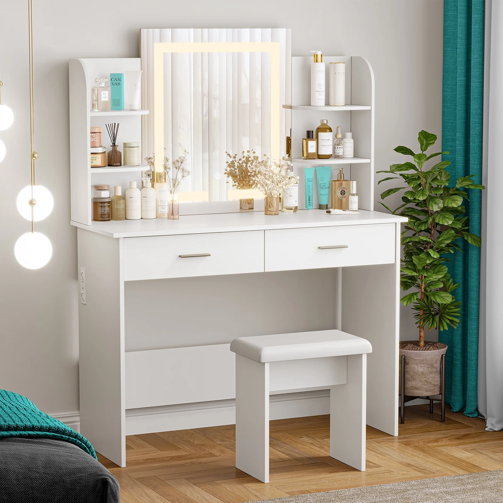 Vanity Desk with Chair, White Makeup Desk Set with Mirror & LED Lights, Vanity Table with Power Strip, 2 Drawers, 4 Shelves