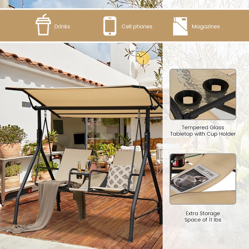 Resenkos Porch Swing, 2-Seat Outdoor Cushioned Porch Swing with Adjustable Canopy and Tempered Glass Table-Beige, Hanging Outdoor Porch Swings for Garden, Backyard