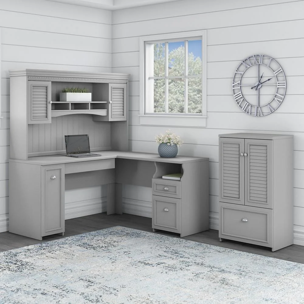 Fairview L Desk with Hutch and Storage Cabinet in White/Gray - Engineered Wood