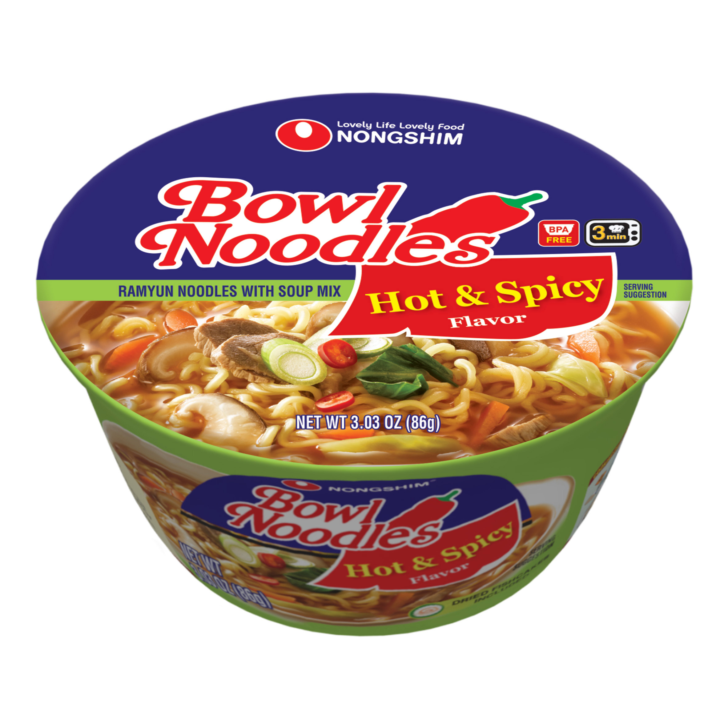 Nongshim, Hot & Spicy Ramyun Noodle Bowl, 3.03 oz, 18-count