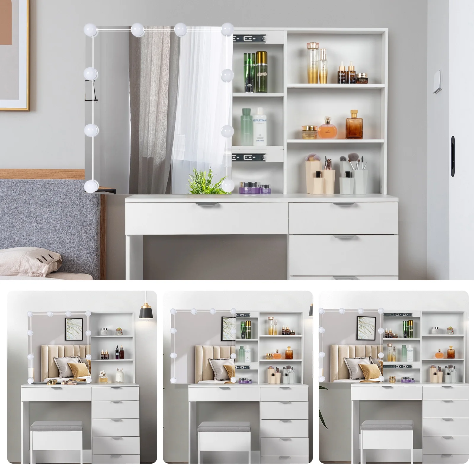 Ktaxon Vanity Set with 3 Color Lighted Mirror, Makeup Table with 6 Drawers, Dressing Table Makeup Desk with Stool,White