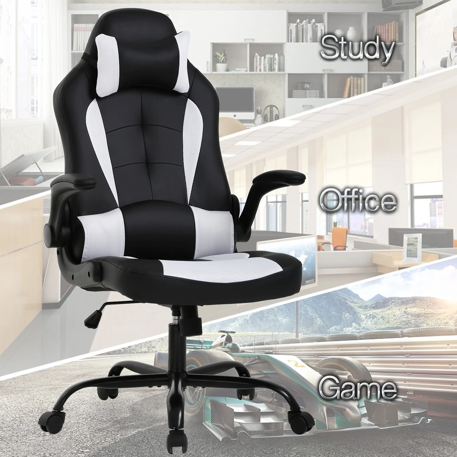NiamVelo Leather Gaming Chair Ergonomic Video Game Chairs with Flip up Arms, Adjustable Rolling Swivel Chair for Adult Teen, White