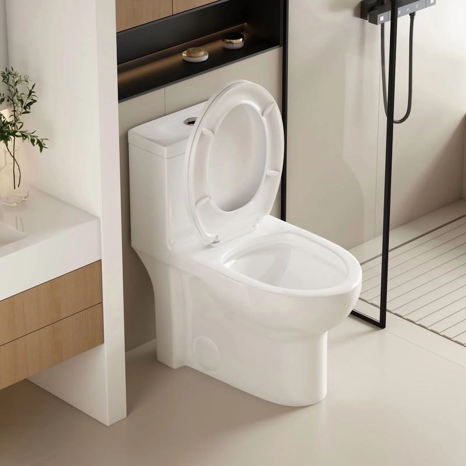 Albriya Modern One Piece Toilet with Soft Close Seat , Elongated Toilet with Comfort Seat Height, ADA Chair Height 17.32