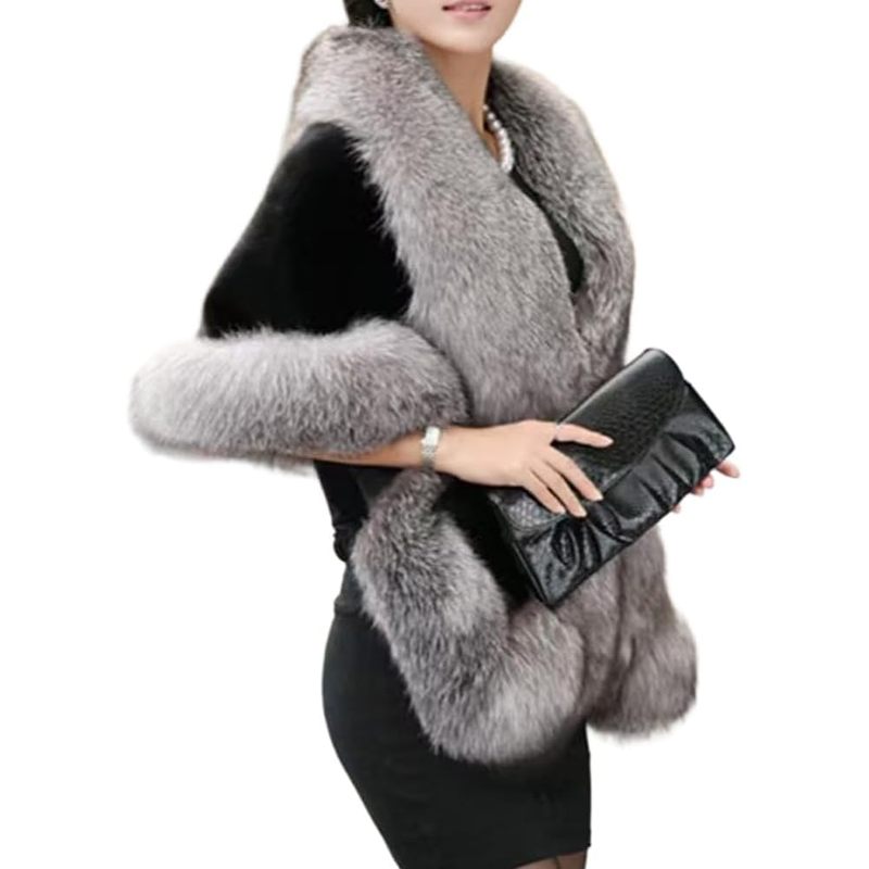 Women's Faux Fur Shawl Luxury Long Shawl Coat