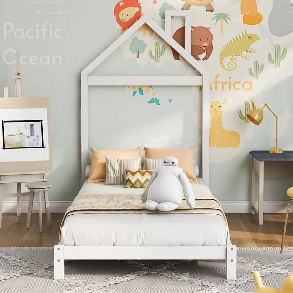 Twin Size Wood Platform Bed with House-Shaped Headboard,Wooden Bedframe for Boys/Girls/Teens/Kids Bedroom, No Box Spring Required, White