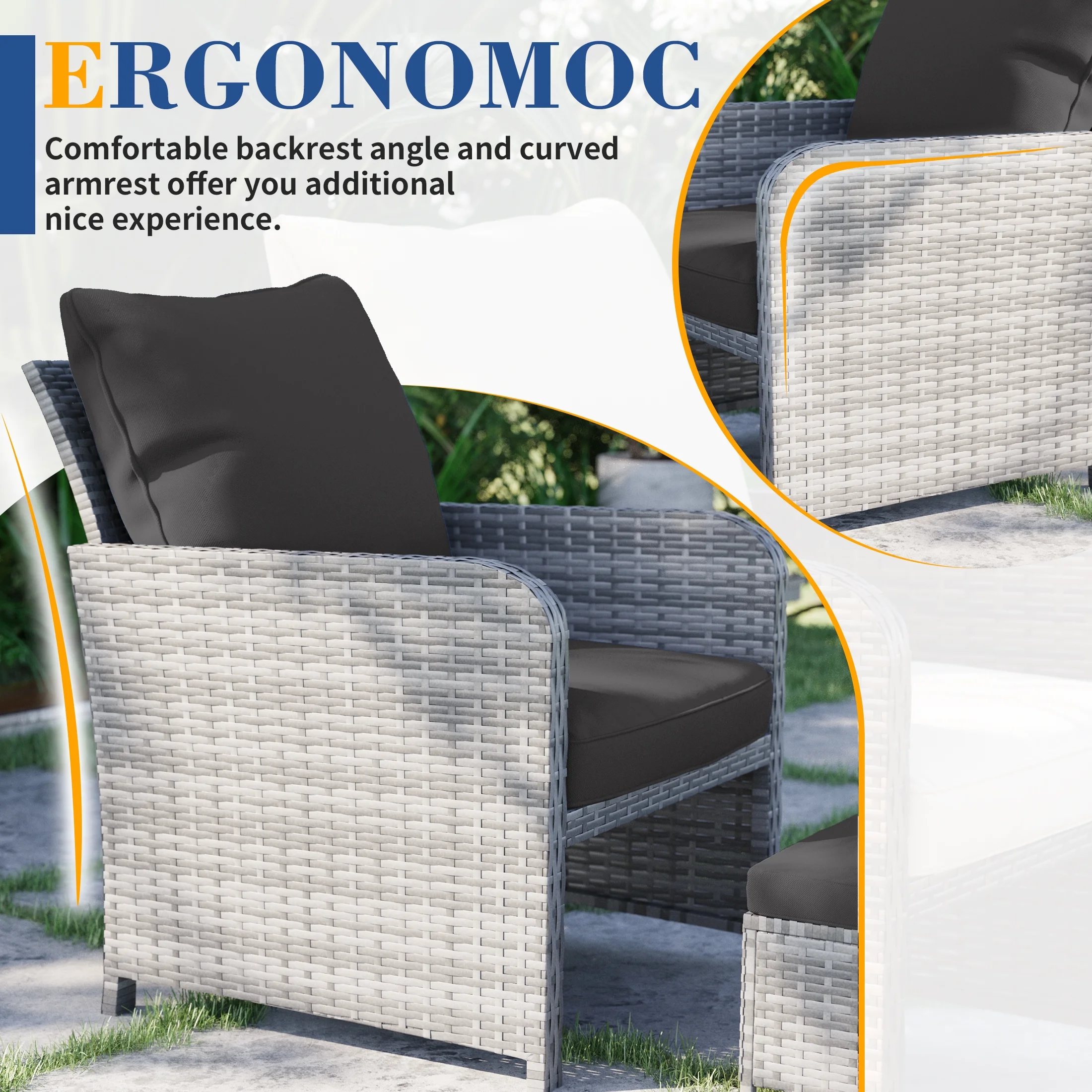 Poteban Balcony Furniture 5 Piece Patio Furniture Set, Outdoor Patio Chair with Ottoman for Front Porch Deck, Wicker Lounge Chair with Side Table, Grey