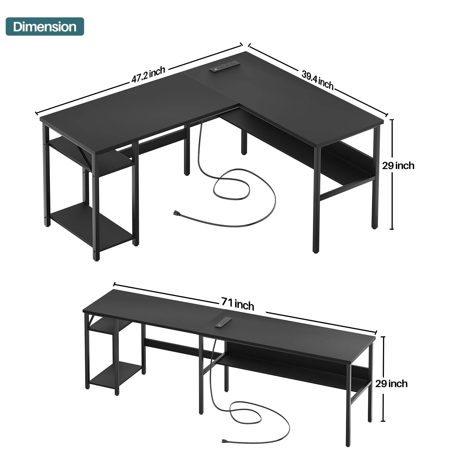 Homieasy Reversible L Shaped Desk with Magic Power Outlets and USB Charging Ports, Sturdy Corner Computer Desk with Storage Shelves, Gaming Table Home Office Desk, Easy to Assemble, Black Oak