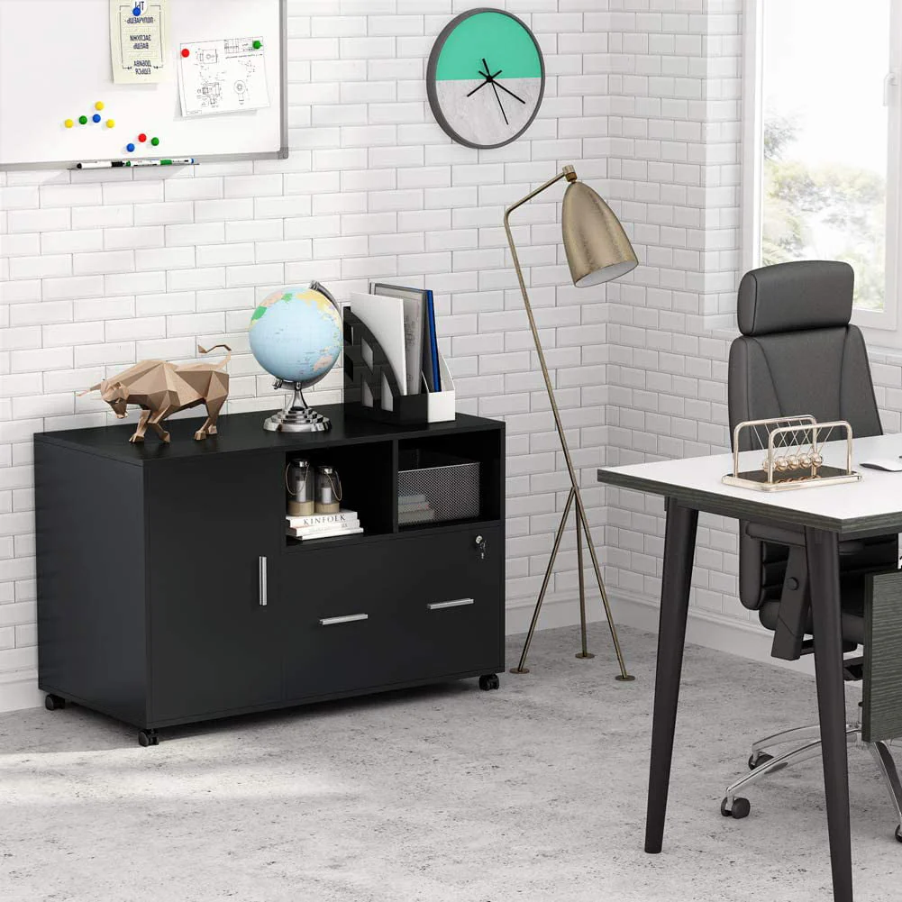 Tribesigns File Cabinet with Lock and Drawer,  Mobile Lateral Filing Cabinet Printer Stand with Wheels and Storage Shelves for Home Office, Letter/Legal/A4 Size(Black)