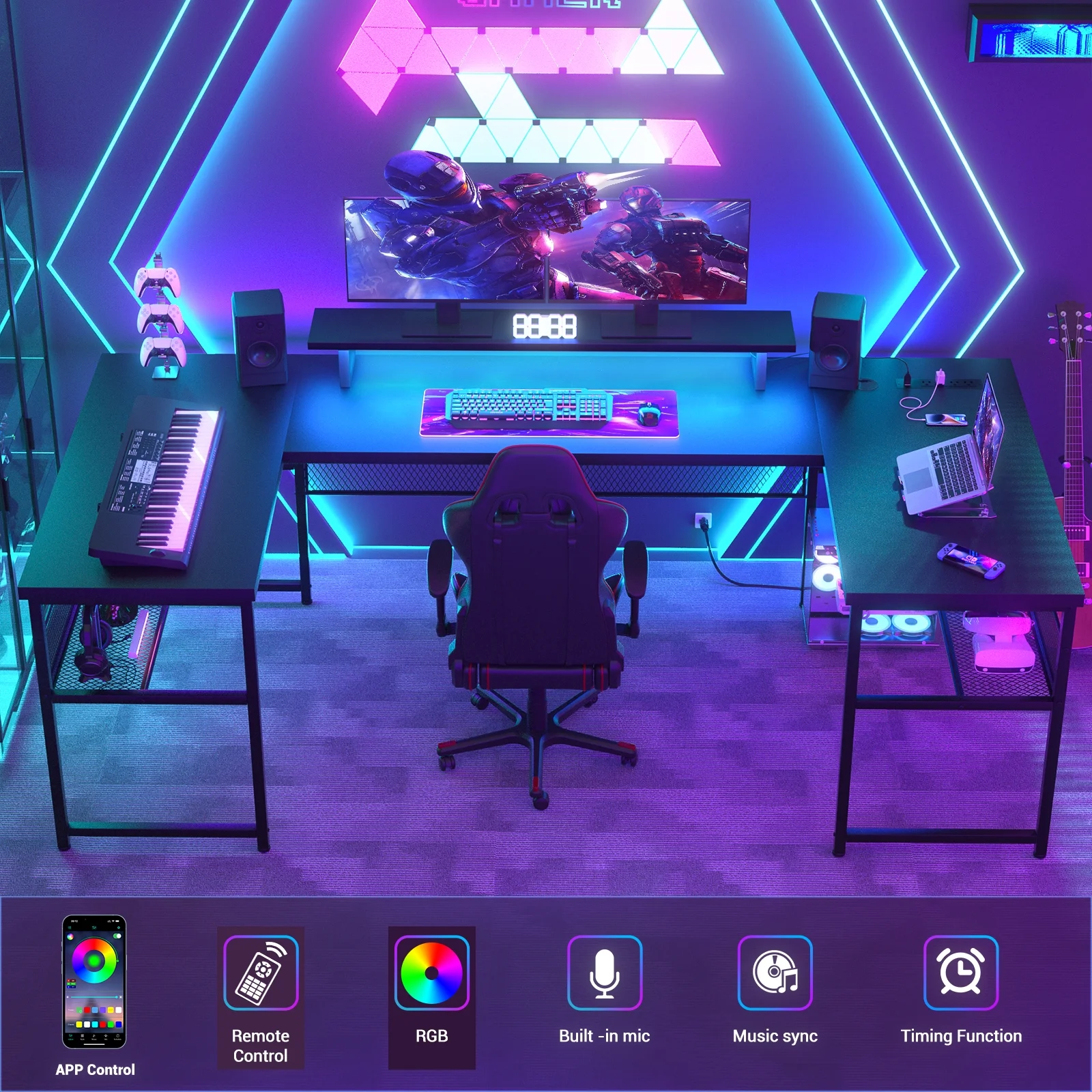 Homieasy U Shaped Desk with Power Outlet and LED Strips, 129.9'' Ergonomic L-Shaped Gaming Desk with Monitor Stand, Reversible Corner Computer Desk with Storage Shelf for Home Office, White Oak