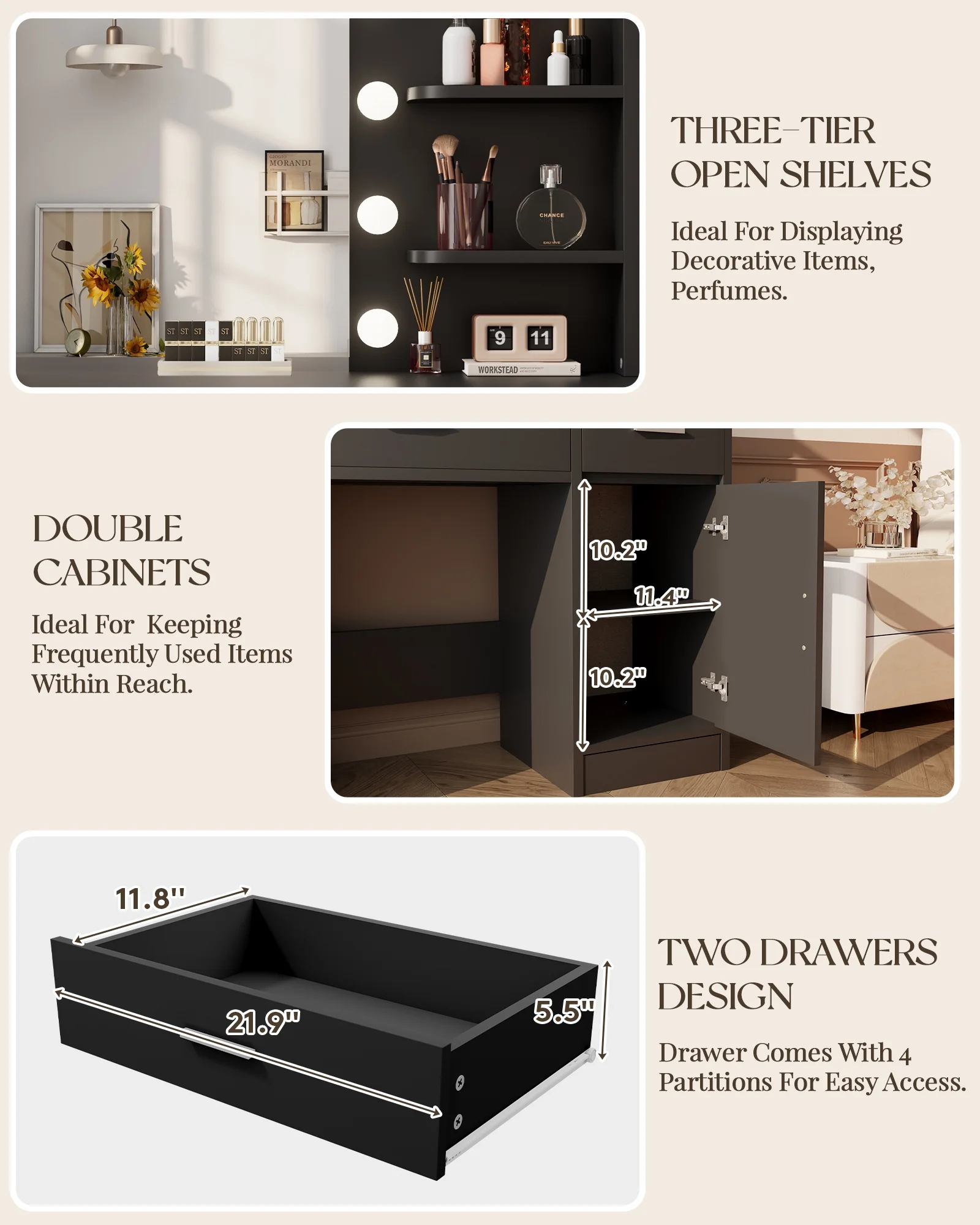 LIVELYGLOW Vanity Desk with Mirror and Lights, Makeup Vanity with Drawer & Storage Shelves, Cabinet, 3 Lighting Modes Adjustable Brightness,White