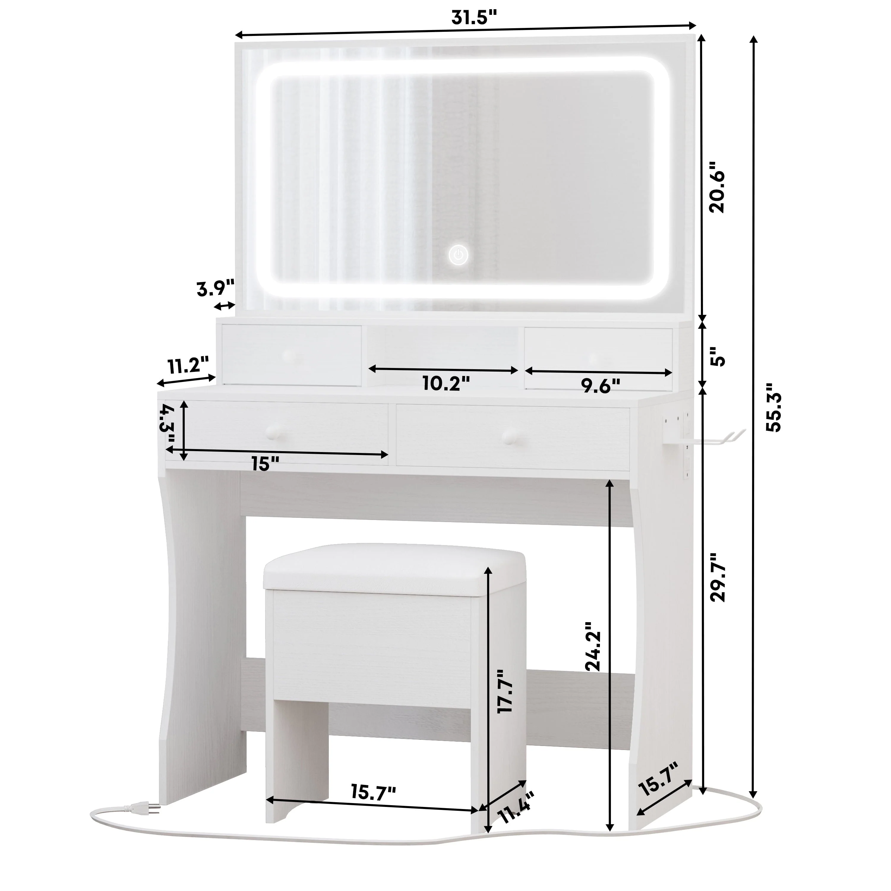 LIKIMIO Vanity Desk with LED  Mirror, Bedroom Makeup Table with 4 Drawers, Storage Stool, White