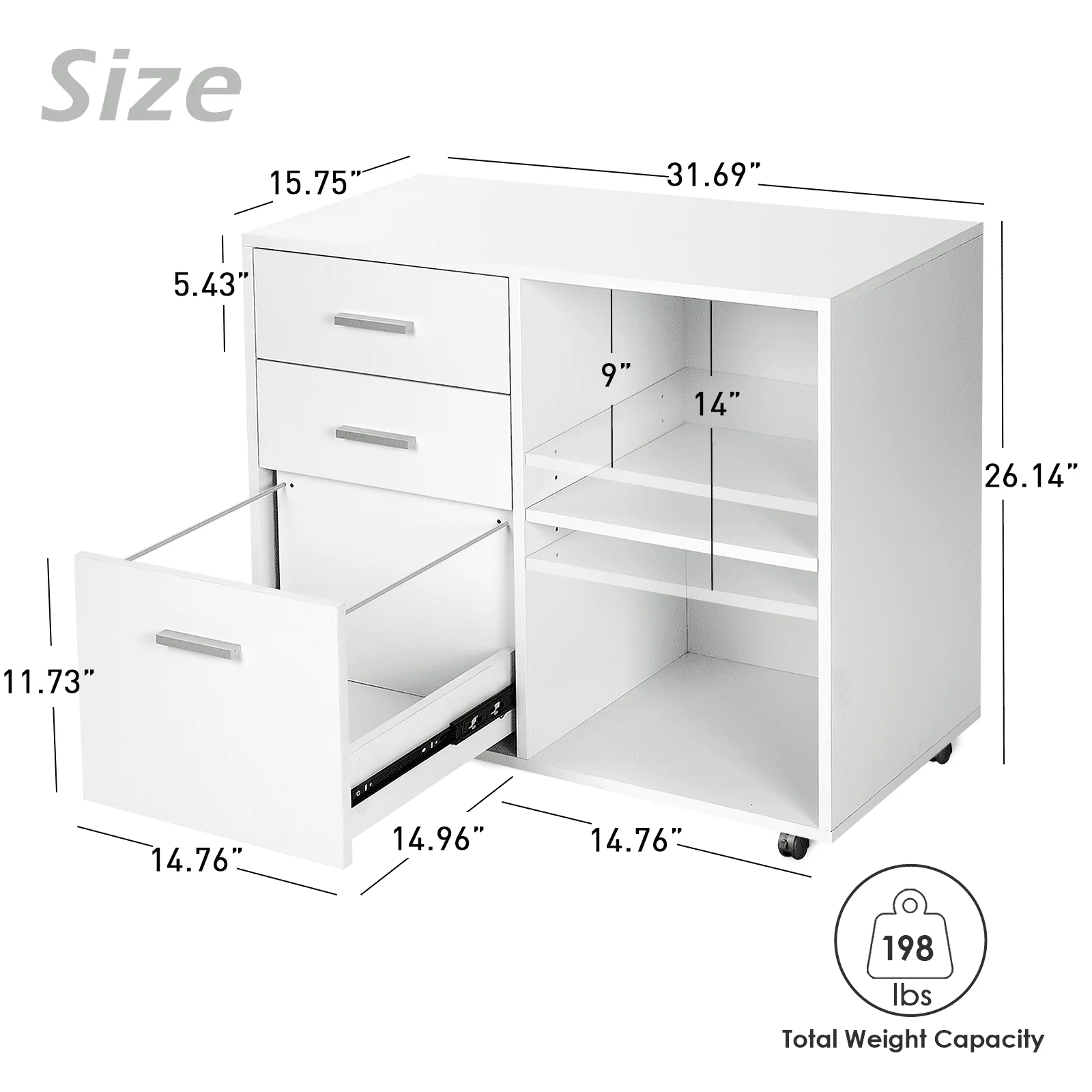 Richya Wood File Cabinet , Printer Stand with Open Storage Shelf, 3-Drawer File Cabinet, Home Office White