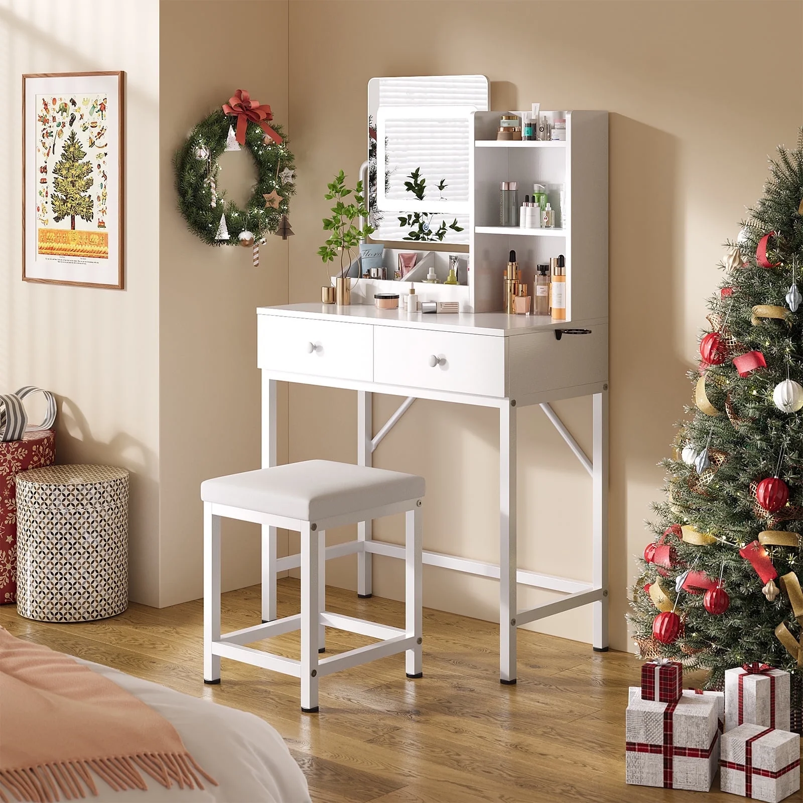 Asofer Vanity Desk with Mirror and Adjustable Light, White Makeup Vanity Set with 5 Drawers for Bedroom, Dressing Room