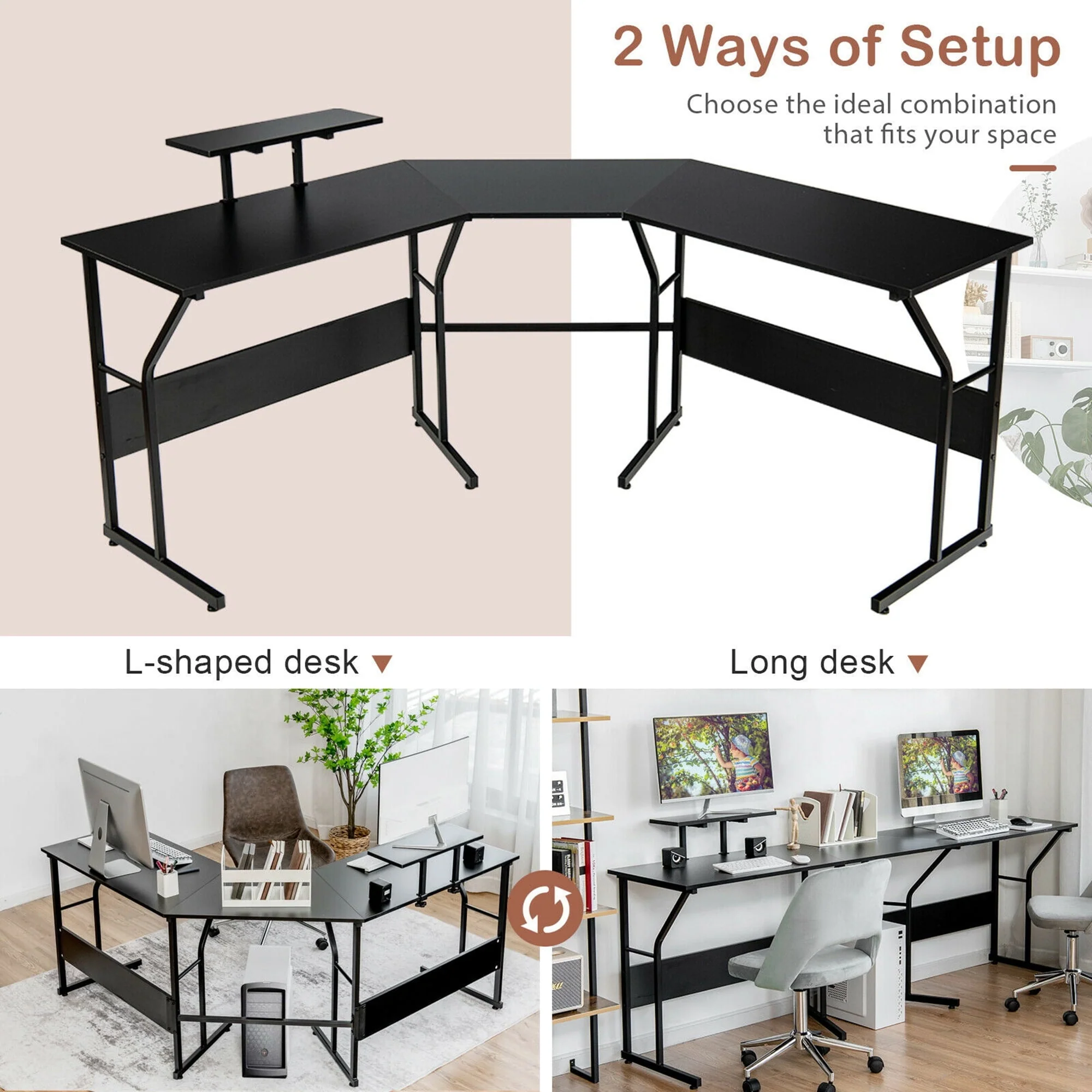 Gymax 88.5'' L Shaped Reversible Computer Desk 2 Person Long Table Monitor Stand Black