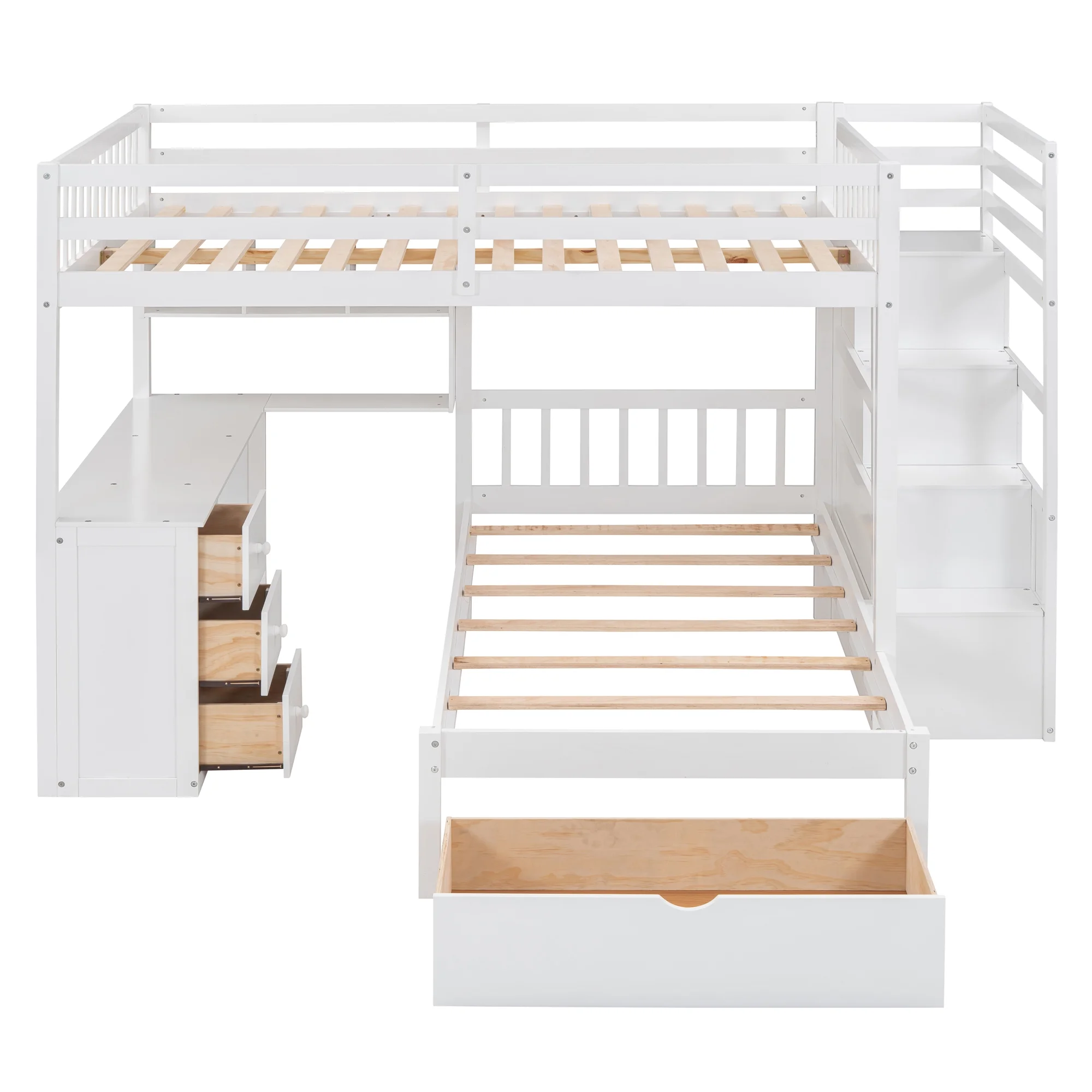 Harper & Bright Designs Full Over Twin Bunk Bed with Desk, Drawers and Shelves, L-Shaped Bunkbeds with Storage Staircase for Adults Bedroom, White